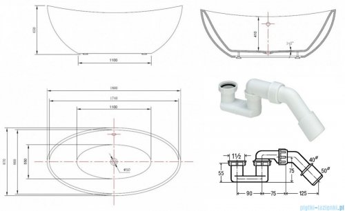 The North Bath Frigg wanna wolnostojąca biało-czarna 180x87cm + syfon Klik-klak 6807B-1801-BLBP