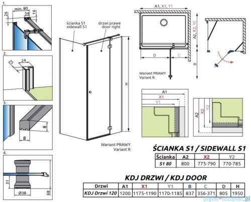 Radaway Torrenta KDJ kabina prysznicowa 120x80 prawa przejrzyste wspornik krzyżowy 133212-01-01R/1330080-01-01