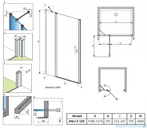 Radaway Nes 8 Dwj II Drzwi wnękowe 120 cm lewe chrom połysk szkło przejrzyste 10083120-01-01L