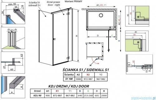 Radaway Essenza Kdj kabina 90x100cm prawa szkło przejrzyste 1385044-01-01R/1384052-01-01