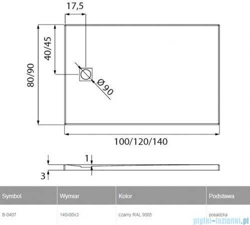 New Trendy Mori brodzik prostokątny z konglomeratu 140x80x3 cm czarny B-0407