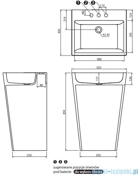 Marmorin umywalka stojąca Tebe 550 biała 55x45x85 cm P530055020010