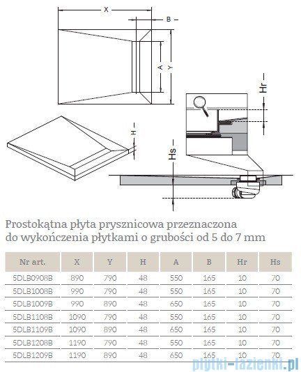 Radaway prostokątny brodzik podpłytkowy z odpływem liniowym Quadro na krótszym boku 89x79cm 5DLB0908B,5R055Q,5SL1