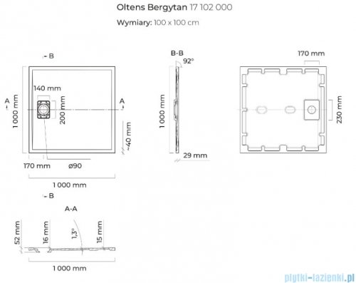 Oltens Bergytan brodzik kwadratowy 100x100 cm RockSurface czarny mat 17102300