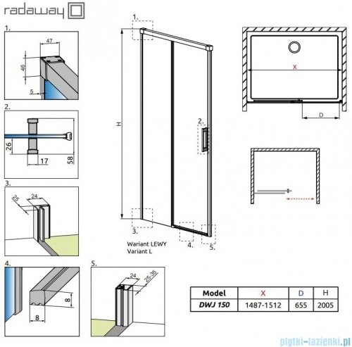 Radaway Idea Black Dwj drzwi wnękowe 150cm lewe czarny mat/szkło przejrzyste 387019-54-01L