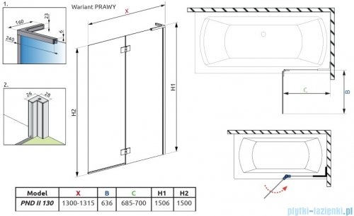 Radaway Essenza 8 SL Brushed GunMetal PND II parawan nawannowy 130cm prawy szczotkowany grafit/przejrzyste 10500130-92-01R