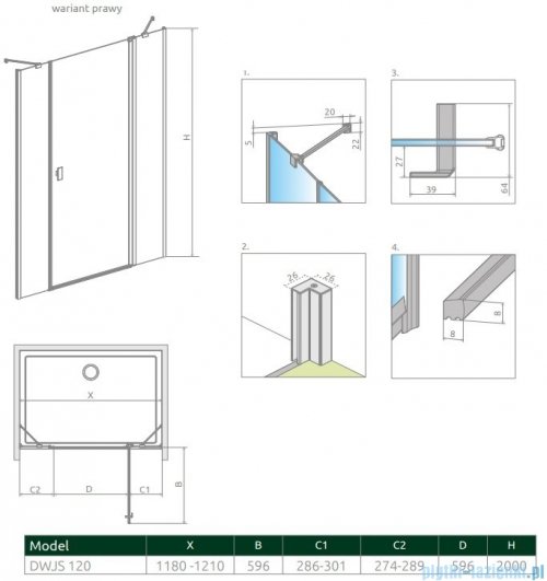 Radaway Nes Dwjs drzwi wnękowe 120cm prawe szkło przejrzyste 10038120-01-01R