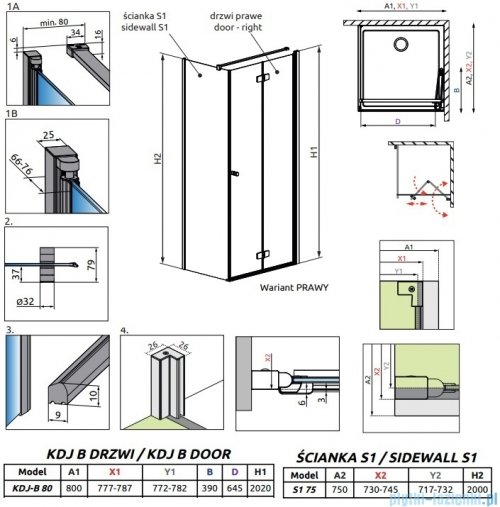 Radaway Fuenta Kdj B kabina 80x75cm prawa chrom połysk szkło przejrzyste 1384081-01-01R/1384049-01-01