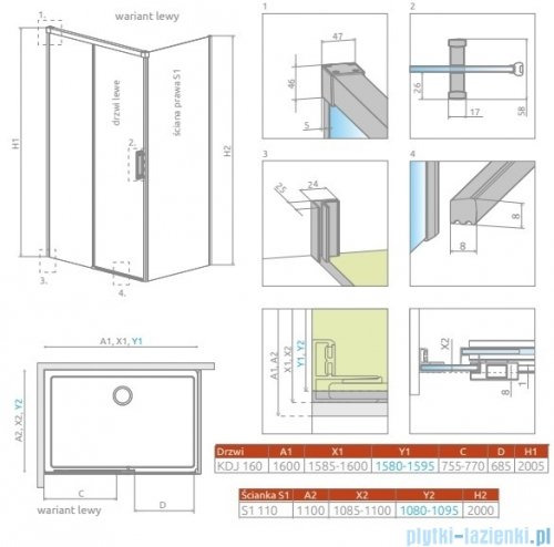 Radaway Idea Kdj Brushed Nickel kabina 160x110cm lewa szczotkowany nikiel 387046-91-01L/387053-91-01R