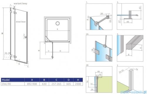 Radaway Essenza Pro Gold Dwj drzwi wnękowe 90cm lewe złoty połysk/szkło przejrzyste 10099090-09-01L