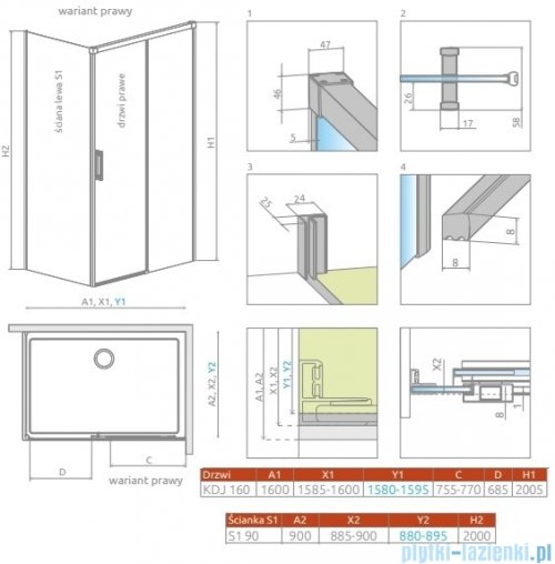 Radaway Idea Kdj Brushed Copper kabina 160x90cm prawa szczotkowana miedź 387046-93-01R/387050-93-01L