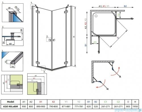 Radaway Kabina prysznicowa Almatea Kdd 90x80 szkło grafitowe + brodzik Doros D + syfon 32186-01-05N