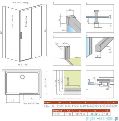 Radaway Idea Kdj Brushed Nickel kabina 140x90cm prawa szczotkowany nikiel 387044-91-01R/387050-91-01L