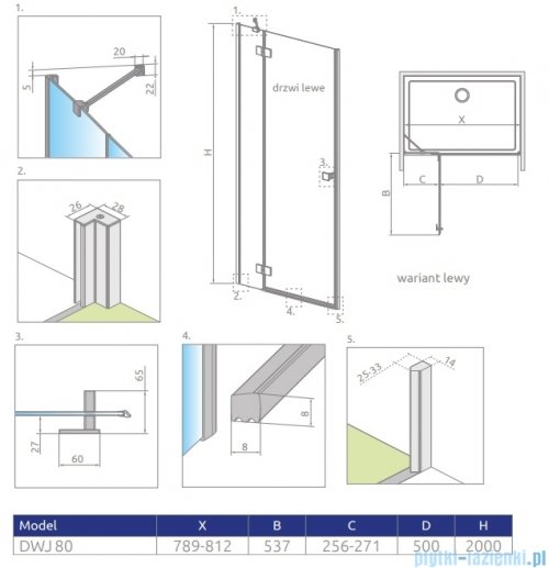 Radaway Essenza 8 Brushed GunMetal Dwj drzwi wnękowe 80cm lewe szczotkowany grafit/szkło przejrzyste 10480512-01-01L/10460237-92-01L