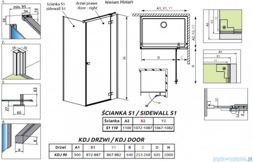 Radaway Essenza Black Kdj kabina 90x110cm prawa szkło przejrzyste 1385044-54-01R/1384053-01-01