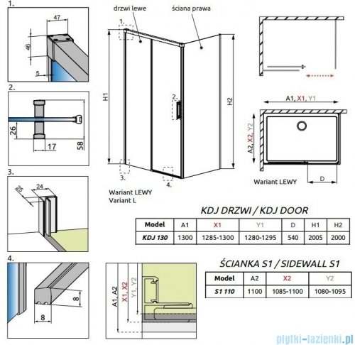 Radaway Idea Kdj kabina 130x110cm lewa szkło przejrzyste rysunek techniczny