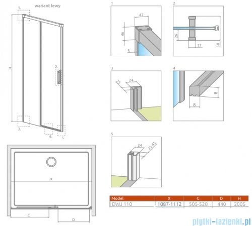 Radaway Idea 6 DWJ Brushed Light Gold drzwi wnękowe 110cm lewe szczotkowane jasne złoto 387015-98-01L