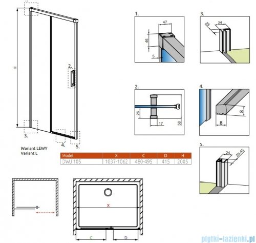 Radaway Idea DWJ Brushed Copper drzwi wnękowe 105cm lewe szczotkowana miedź 387021-93-01L