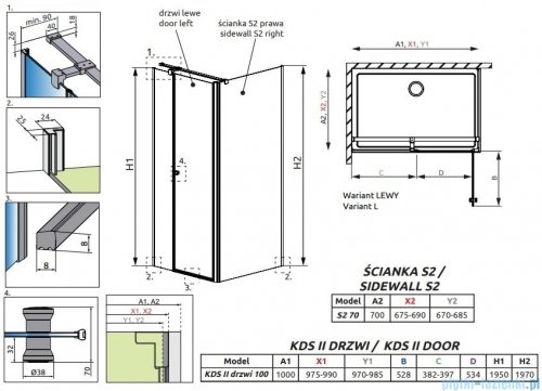 Radaway Eos KDS II kabina prysznicowa 100x70 lewa przejrzyste 13799482-01L/13799428-01