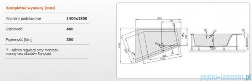 Sanplast Space Line Wanna trapezowa lewa+stelaż+adapter z pokrywką WTL/SPACE 180x140+SP, 610-100-1160-01-000