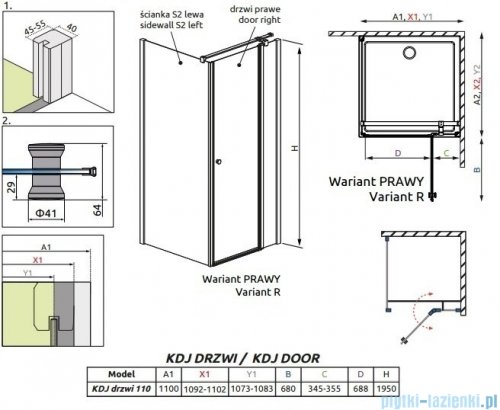 Radaway Eos II KDJ Drzwi prysznicowe 110 prawe szkło przejrzyste rysunek techniczny