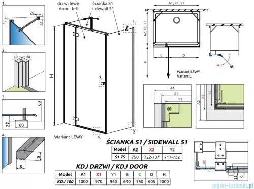 Radaway Essenza Kdj+S kabina 75x100x75cm lewa szkło przejrzyste 1384049-01-01/1385022-01-01L/1384049-01-01