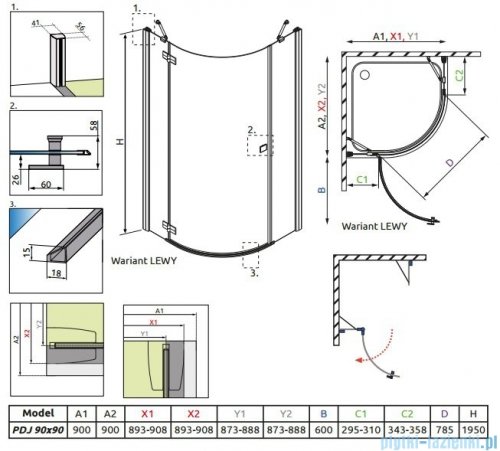 Radaway Almatea PDJ Kabina półokrągła 90x90 Lewa szkło przejrzyste 30602-01-01N