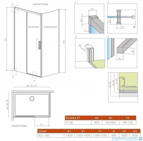 Radaway Idea Black Kdj kabina 160x80cm lewa czarny mat/szkło przejrzyste 387046-54-01L/387051-54-01R