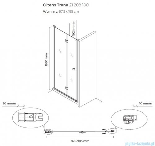 Oltens Trana drzwi prysznicowe wnękowe 90cm szkło przejrzyste 21208100