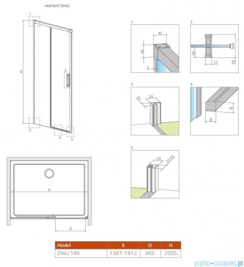 Radaway Idea DWJ Brushed Gold drzwi wnękowe 140cm lewe szczotkowane złoto 387018-99-01L