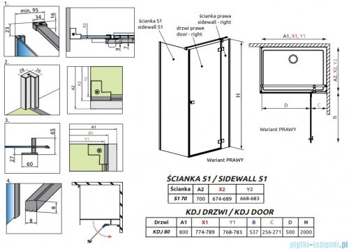 Radaway Essenza 8 Kdj kabina 80x70cm prawa szkło przejrzyste 10480512-01-01R/10470237-01-01R/10113070-01-01