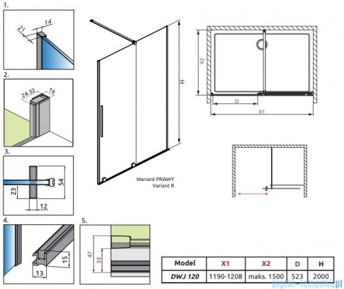 Radaway Furo Black DWJ drzwi prysznicowe 120cm prawe szkło przejrzyste 10107622-54-01R/10110580-01-01