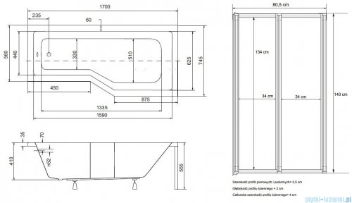 Besco Integra 170x75cm Wanna asymetryczna Prawa + parawan 2-skrzydłowy #WAI-170-PP2