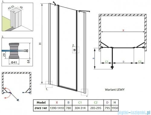 Radaway Eos II DWJS Drzwi prysznicowe 140x195 lewe szkło przejrzyste + brodzik Argos D + syfon 3799456-01L/4AD914-01