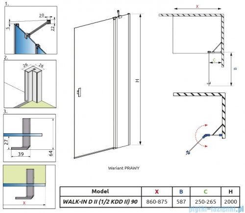 Radaway Nes KDD II Brushed Copper kabina walk-in 90cm prawa szczotkowana miedź szkło przejrzyste 10031090-93-01R