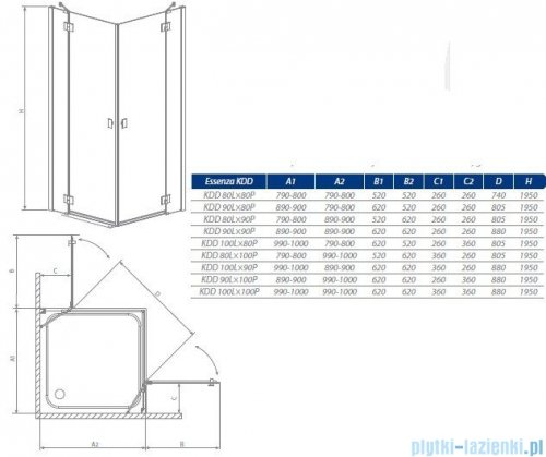 Radaway Kabina prysznicowa Essenza KDD 90x100 szkło przejrzyste + brodzik Doros D + syfon 32874-01-01NR