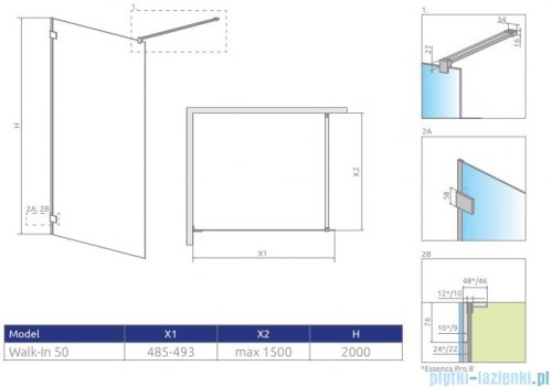 Radaway Essenza Pro 8 Gold 50x200 kabina Walk-in złoty połysk/szkło przejrzyste 1012050-09-01