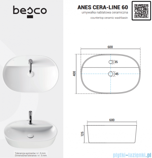Besco Anes Cera-Line White umywalka nablatowa biała 60 cm biały połysk UNC-60-ANB