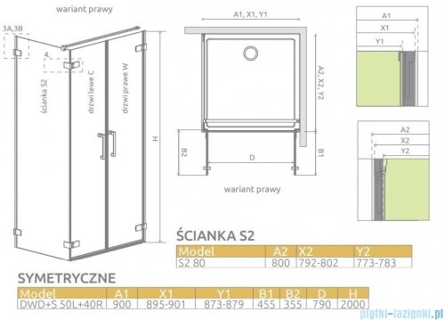 Radaway Arta Dwd+s kabina 90 (50L+40R) x80cm prawa szkło przejrzyste 386180-03-01R/386057-03-01L/386110-03-01