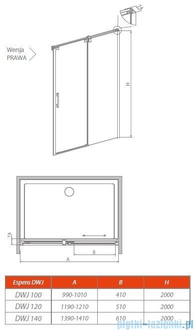 Radaway Espera DWJ Mirror Drzwi wnękowe przesuwne 120 prawe szkło przejrzyste 380595-01R/380212-71R