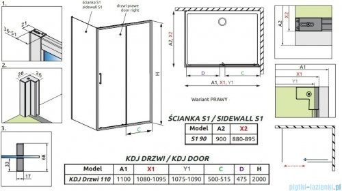 Radaway Premium Pro Black Kdj kabina 110x90cm prawa czarny mat/szkło przejrzyste 1015110-54-01R/1016090-54-01