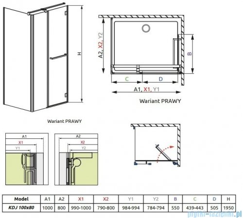 Radaway Carena Kdj Kabina prostokątna 100x80 prawa szkło przejrzyste + Brodzik Doros D + syfon 34432-01-01NR