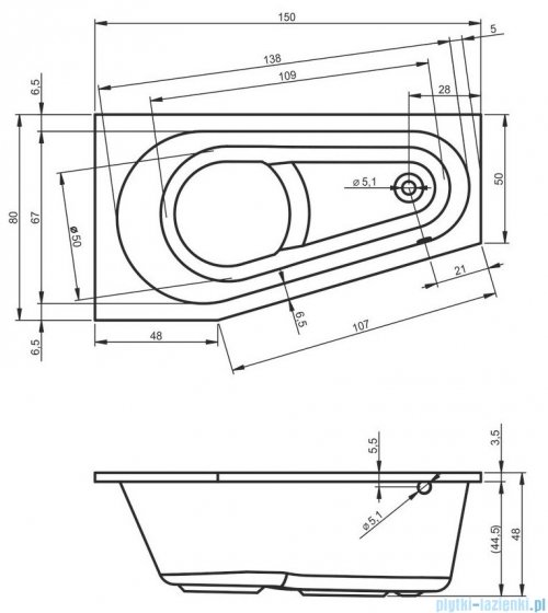 Riho Delta wanna asymetryczna 150x80cm z hydromasażem Flow prawa B066005005