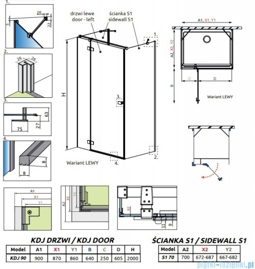Radaway Fuenta Kdj+S kabina 70x90x70cm lewa chrom połysk szkło przejrzyste 1384048-01-01/1384020-01-01L/1384048-01-01