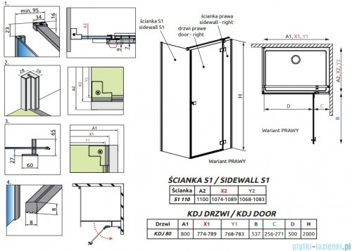 Radaway Essenza 8 Brushed Nickel Kdj kabina 80x110cm prawa szczotkowany nikiel 10480512-01-01R/10470237-91-01R/10113110-01-01