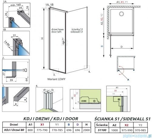 Radaway Nes 6 Kdj I Brushed Light Gold kabina 80x100cm lewa szczotkowane jasne złoto 10022080-98-01L/10039100-01-01