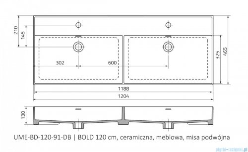 rysunek techniczny Oristo Bold umywalka meblowa podwójna 120x46cm UME-BD-120-91-D