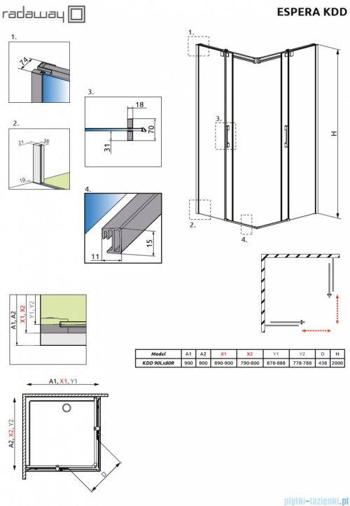 Radaway Espera KDD Kabina prysznicowa 90x80 szkło przejrzyste + brodzik + syfon 380151-01L/380150-01R/4AD89-01