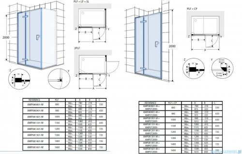 Roca Metropolis drzwi prysznicowe 90x200cm przejrzyste profile CZARNY MAT AMP0809016M