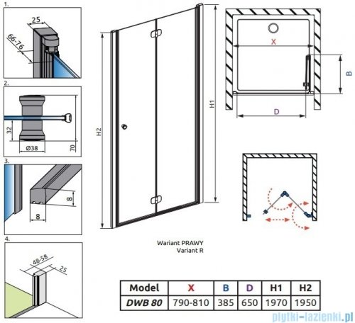 Radaway Eos DWB drzwi prysznicowe 80 prawe przejrzyste 137813-01-01R